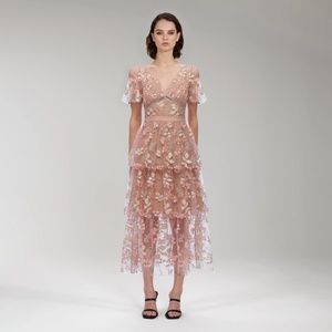 Self-Portrait Pink Flower Midi Dress, Size 6